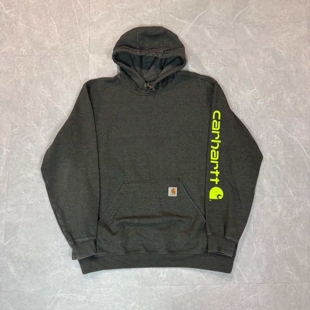 Carhartt Mens Original Fit Hoodie Charcoal Gray Neon Yellow Logo XL Sweatshirt